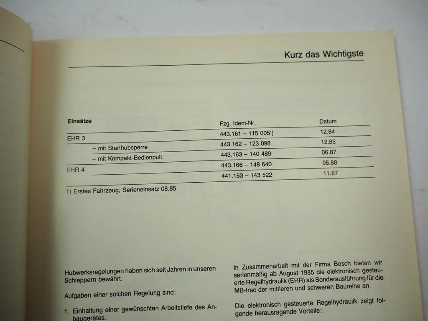 MB-trac 441 443 Elektronische Regelhydraulik EHR3 / EHR4 Werkstatthandbuch 1988
