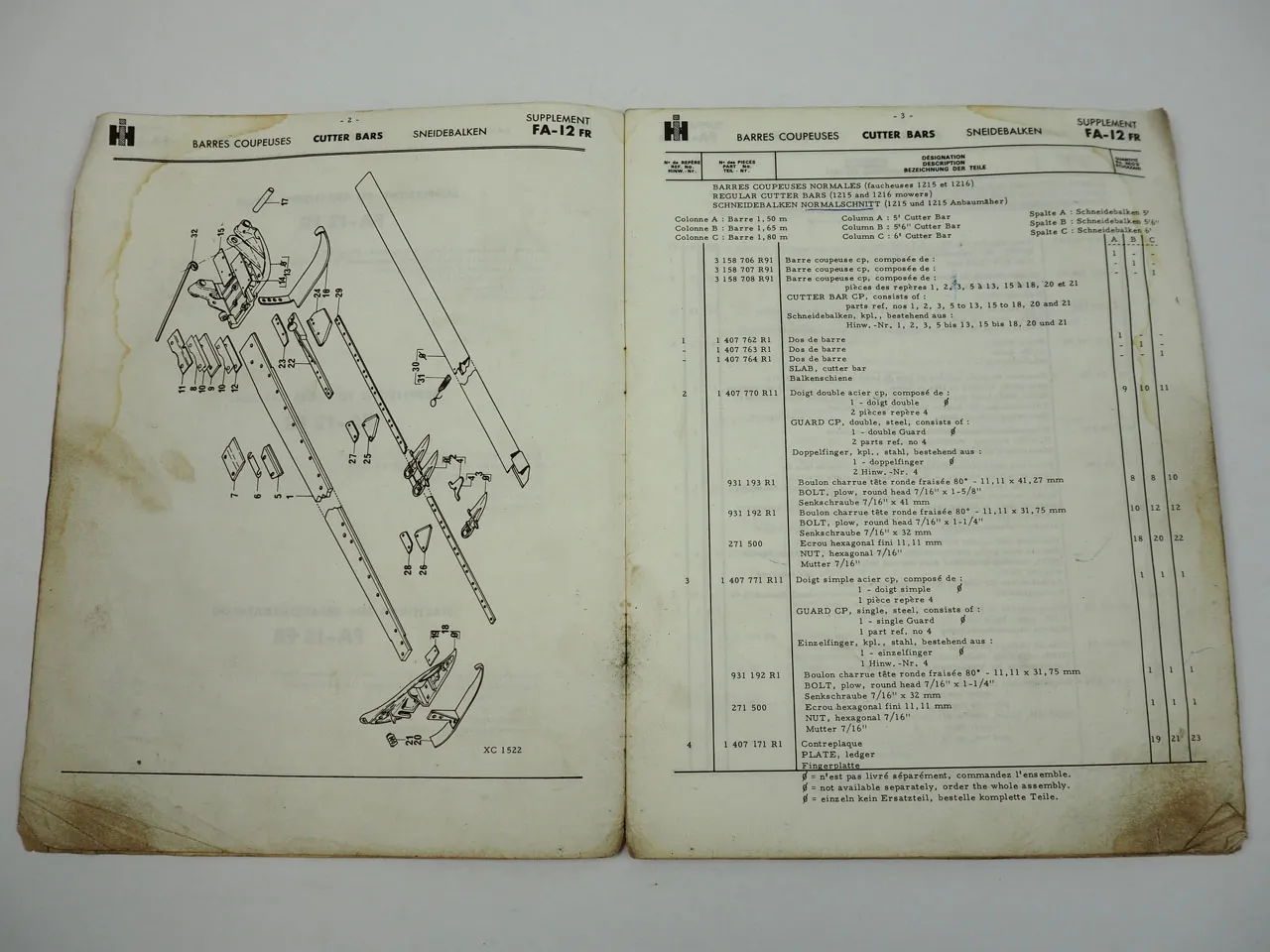 Mc Cormick FA-12FR Nachtrag Ersatzteilkatalog Genormter Schneidebalken 1972