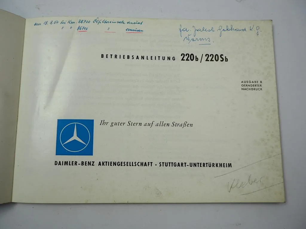 Mercedes Benz 220b 220Sb W111 Heckflosse Bedienung Pflege Betriebsanleitung 1960