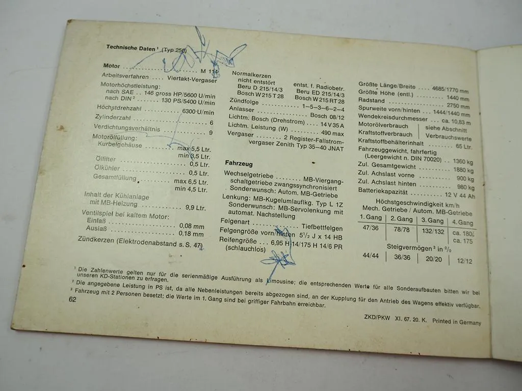 Mercedes Benz 230 250 /8 W114 Betriebsanleitung 1967 Schaltplan Schmierung