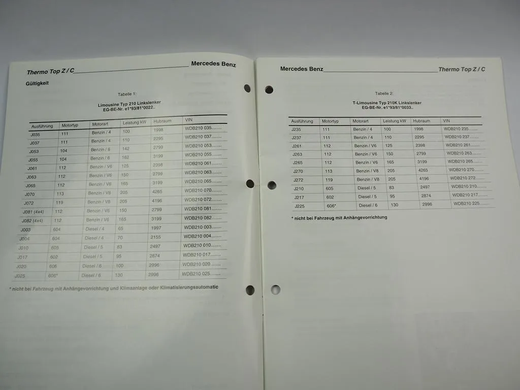 Mercedes Benz E-Klasse W210 Einbauanleitung Webasto Thermo Top Z/C-B/D Heizung