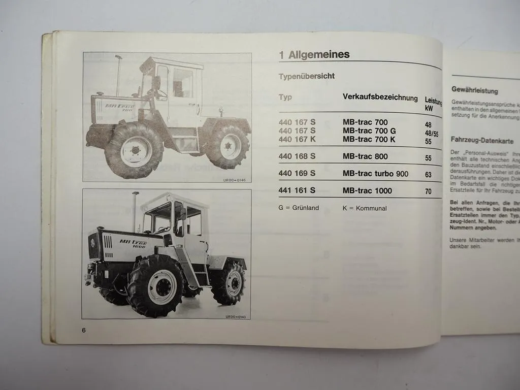 Mercedes Benz MB-trac 700 800 900turbo 1000 Typ 440 441 Betriebsanleitung 1985