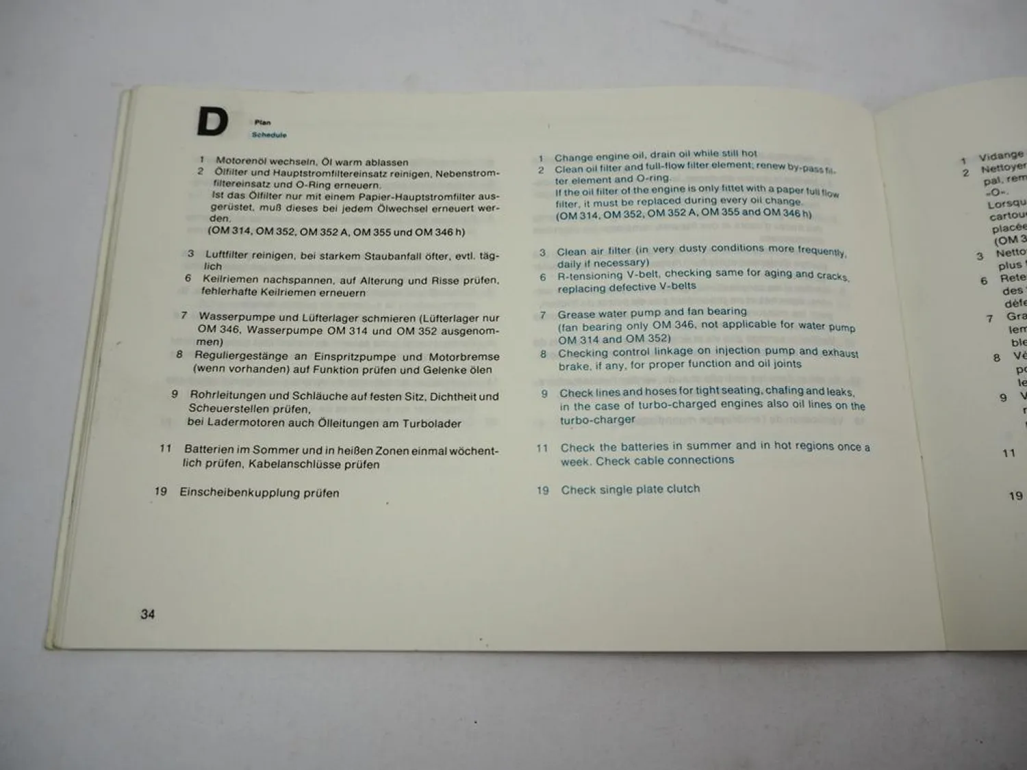 Mercedes Benz OM 314 352 360 346 355 A h Industriemotor Wartungsheft blanko 1982