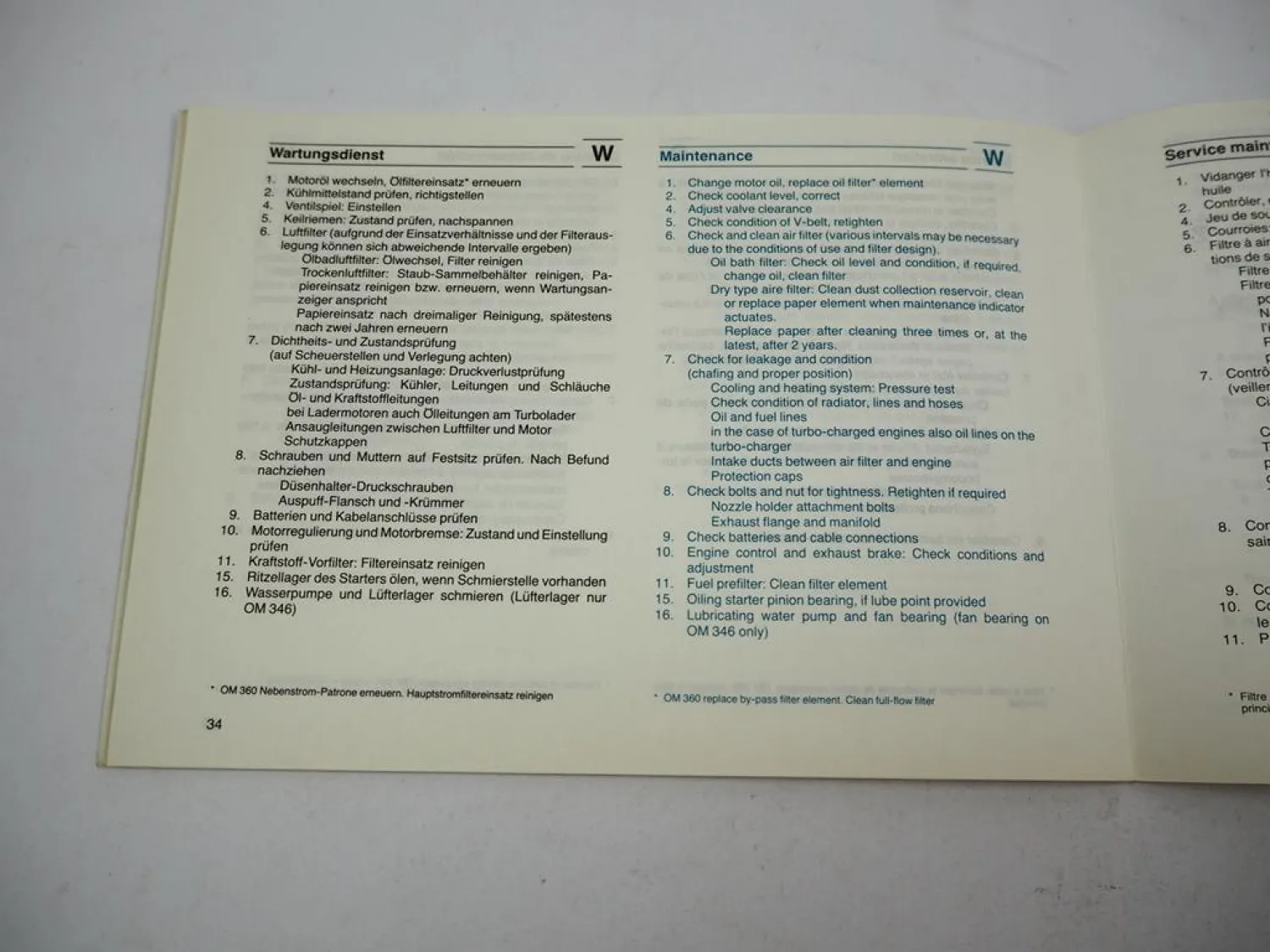 Mercedes Benz OM 314 352 360 346 355 A h Industriemotor Wartungsheft blanko 1983