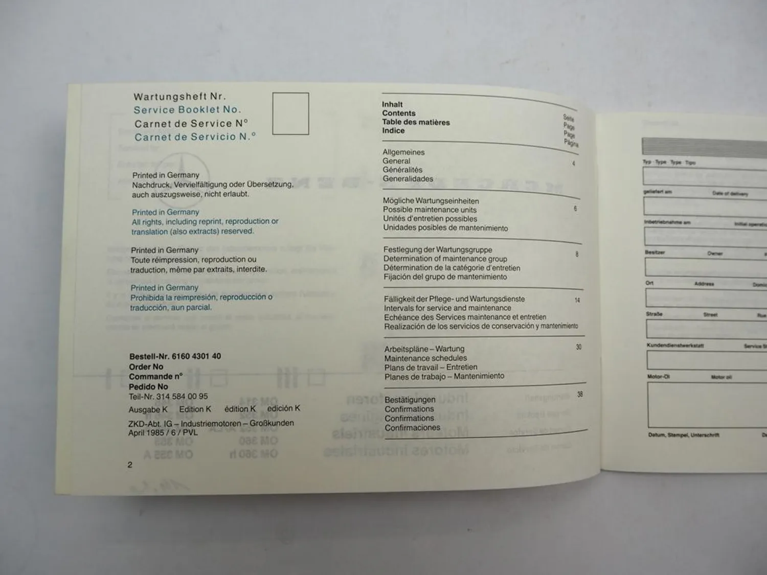 Mercedes Benz OM 314 352 360 346 355 A h Industriemotor Wartungsheft blanko 1985