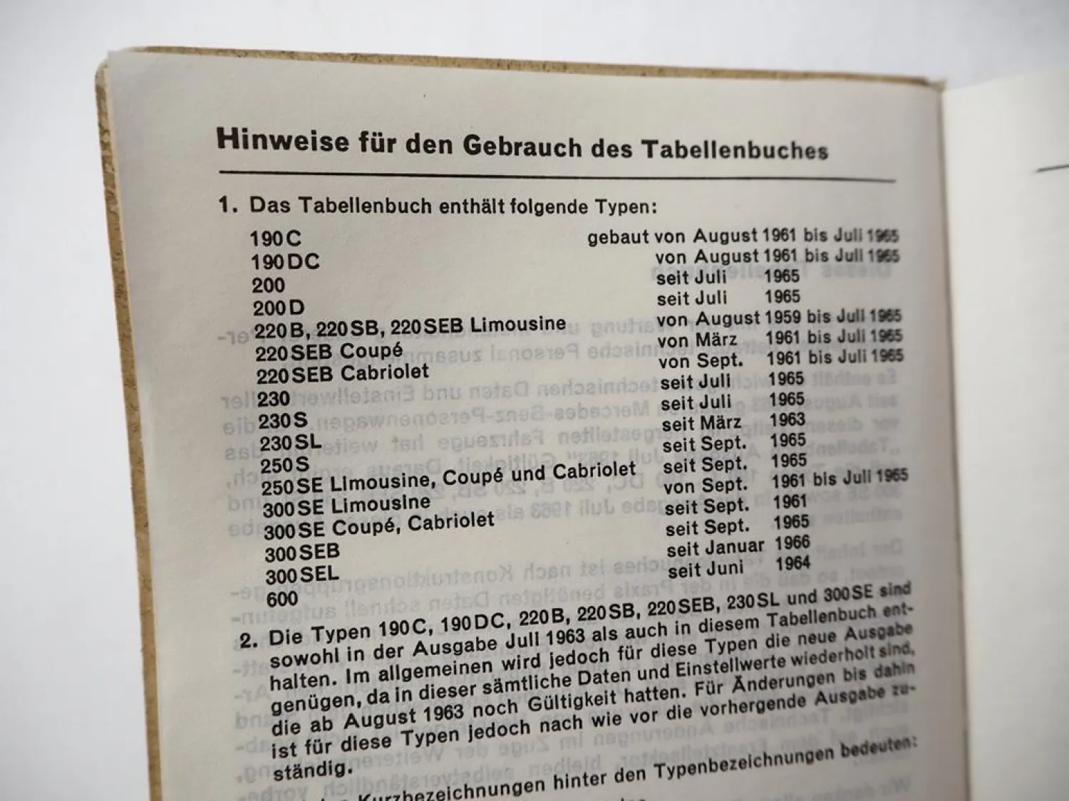 Mercedes Benz PKW 190 200 220 230 250 300 600 C DC S SL Tabellenbuch 1963-1966