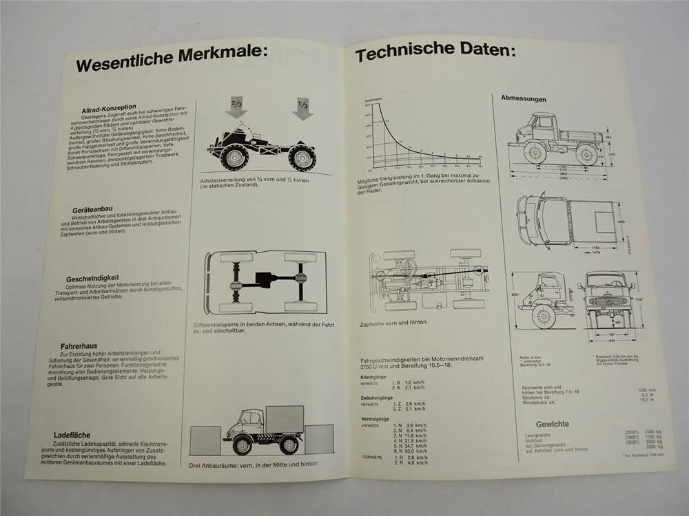 Mercedes Benz U34 411 Unimog 34 PS Prospekt m. technischen Daten 1973