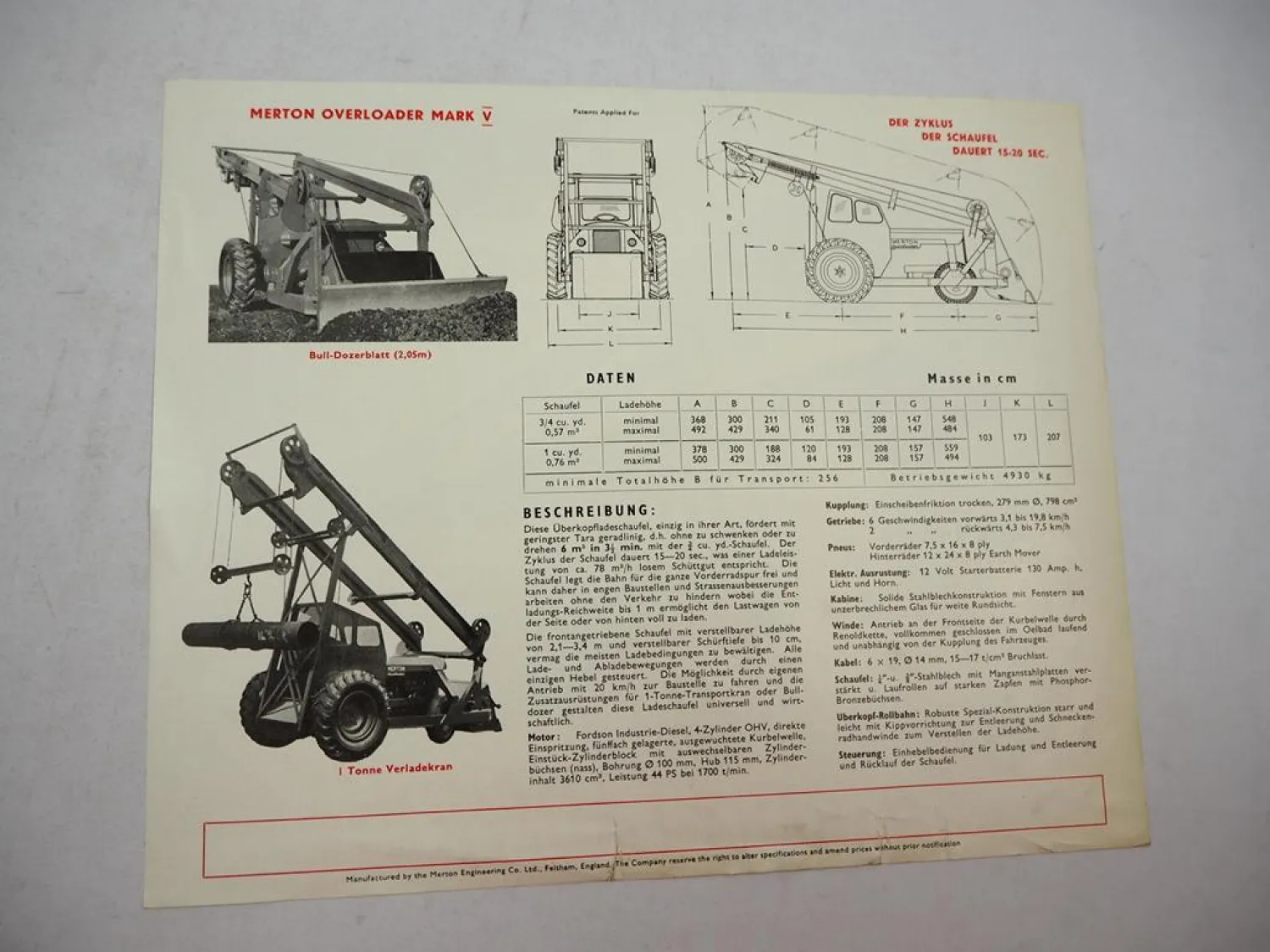 Merton Overloader Überkopf Ladeschaufel Prospekt 1950er Jahre England