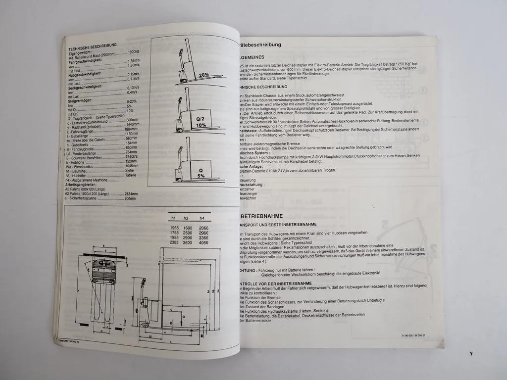 MIC G125 Hubwagen Betriebsanleitung Wartung Ersatzteilliste Stromlaufplan 1990
