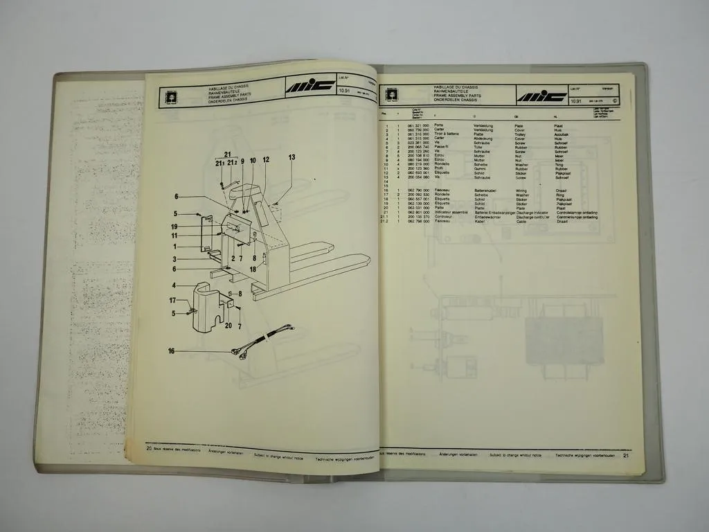 MIC TMXE Hubwagen Bedienungsanleitung Wartung Ersatzteilliste 1991