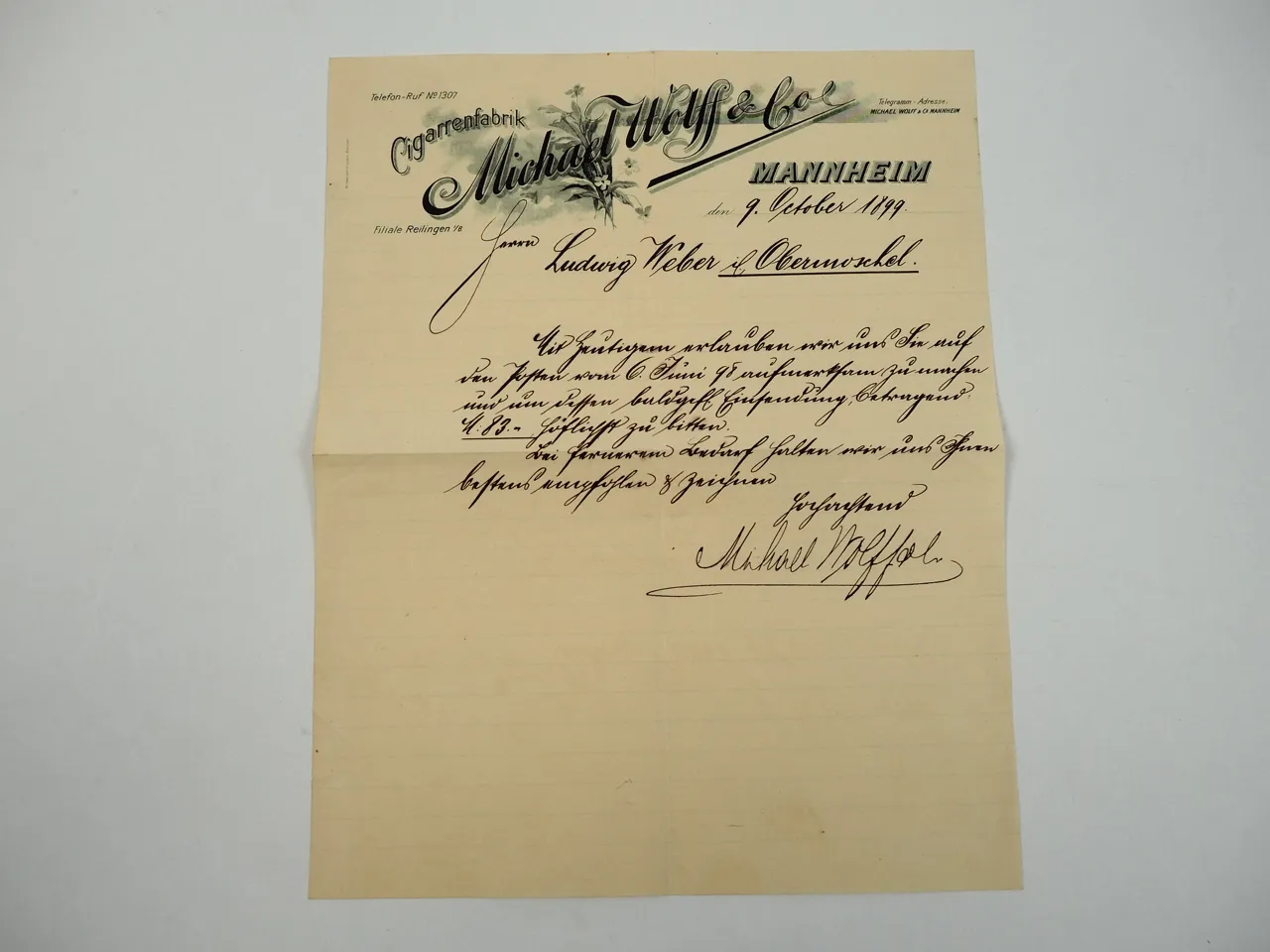 Michael Wolff Co. Cigarrenfabrik Mannheim Brief 1899