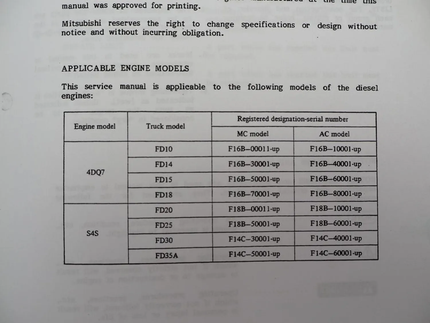 Mitsubishi 4DQ7 S4S Diesel Engine for FD 10 - 35 Forklift Service Manual 1991