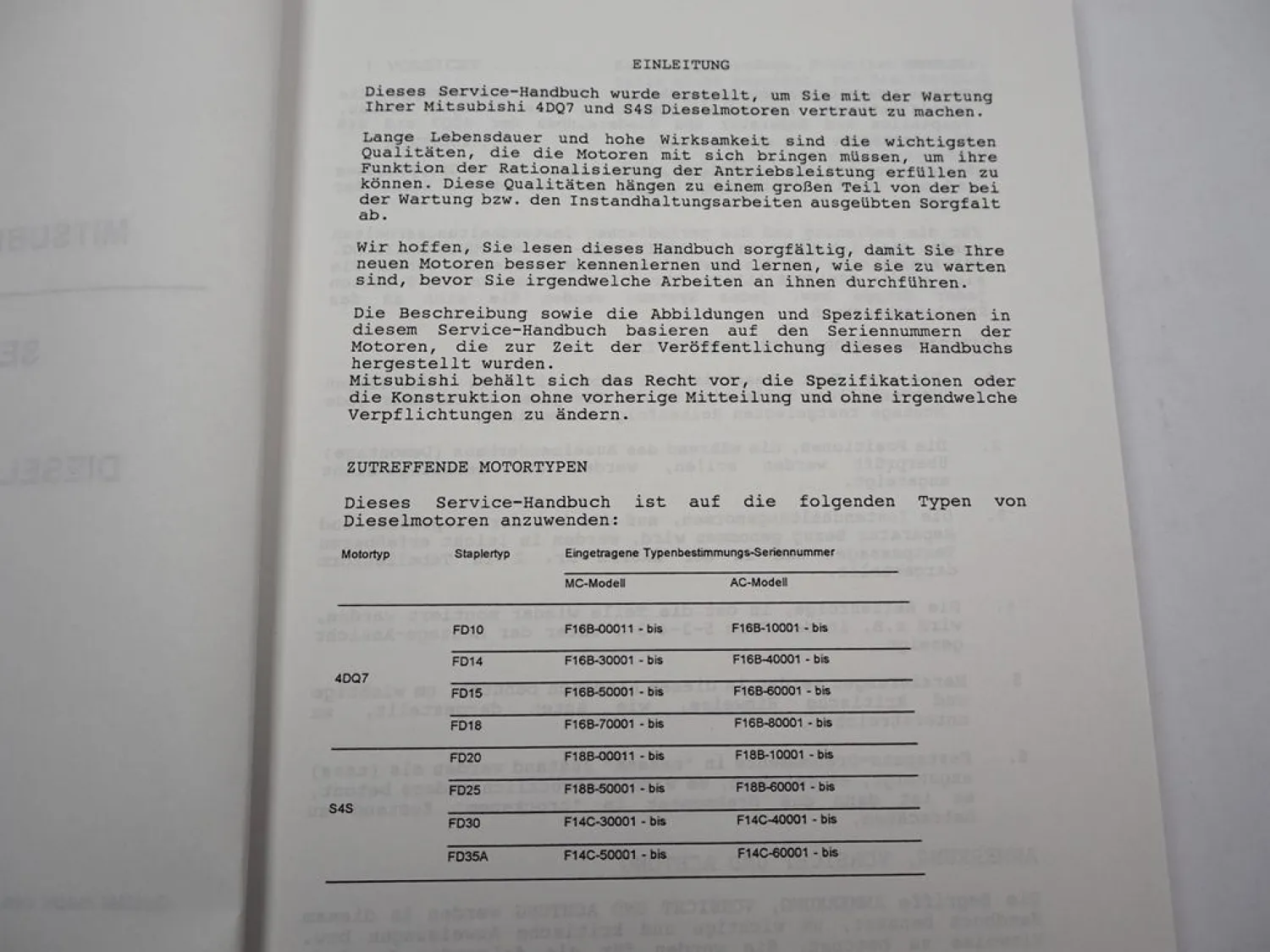 Mitsubishi 4DQ7 S4S Diesel Motor für FD 10 - 35 Stapler Werkstatthandbuch 1991