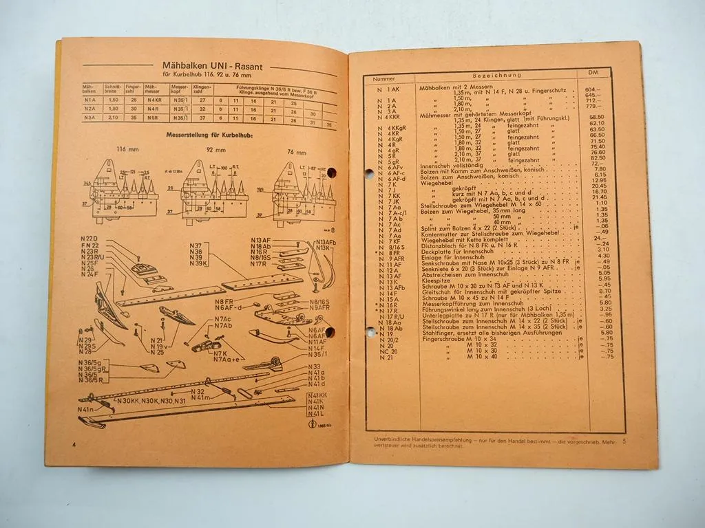Mörtl Liste der Normalteile Hochleistungs Mähwerk Mähbalken Ersatzteilliste 1974