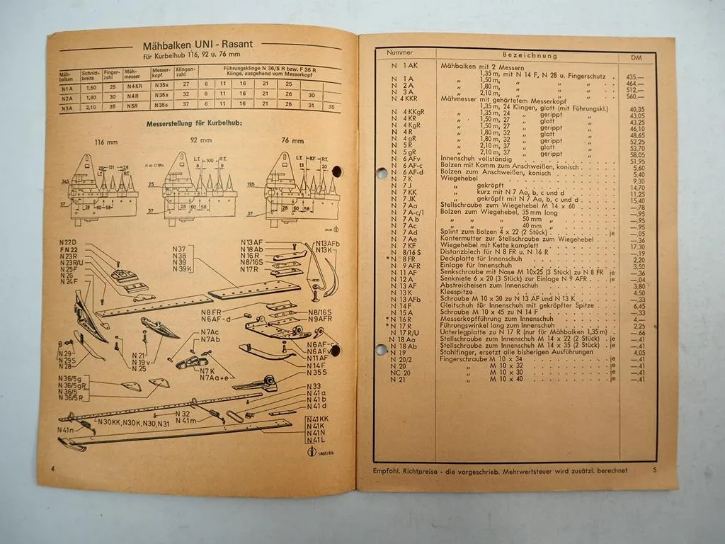 Mörtl Liste der Normalteile Mähwerk Mähbalken Ersatzteilliste 1970