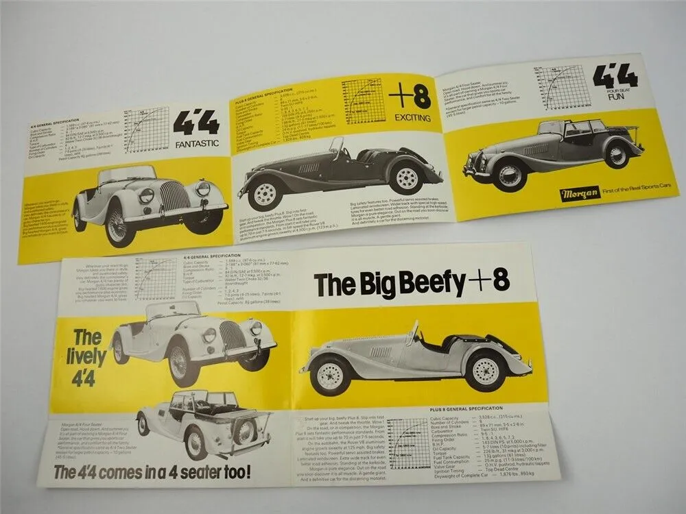 Morgan Plus8 4/4 Sport Cars England 2x Prospekt Brochure 1976