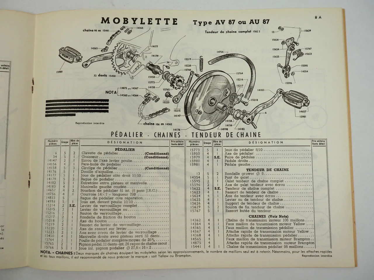 Motobecane Mobylette AV AU 87 Ersatzteilliste Pieces Detachees