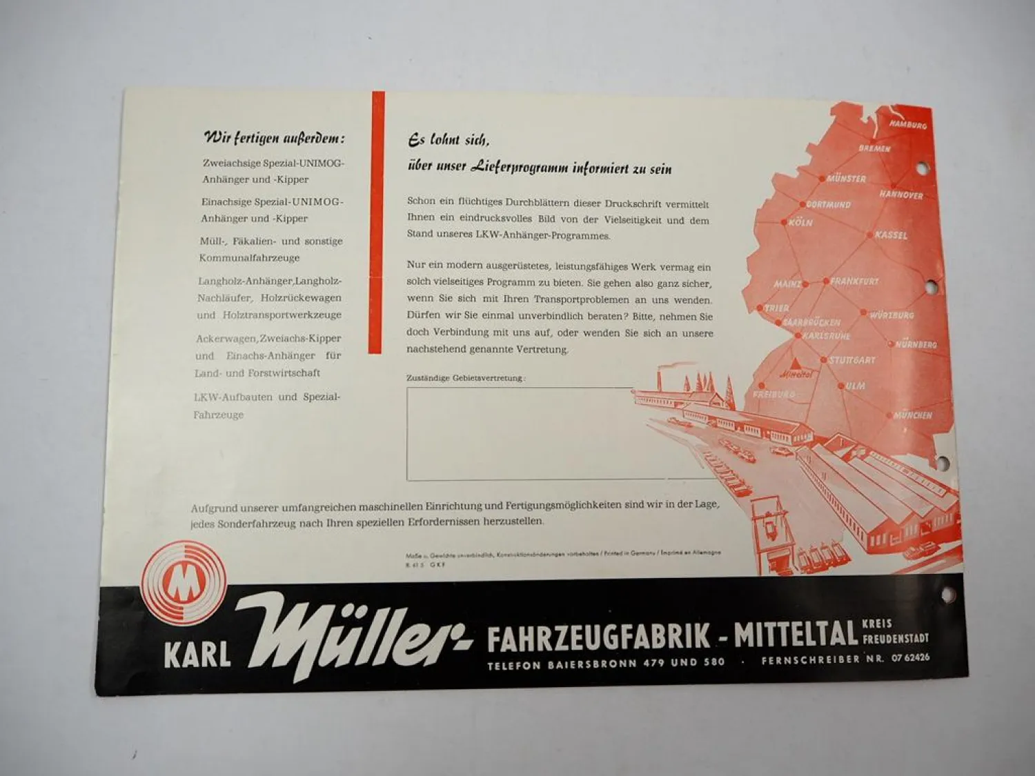 Müller Mitteltal LKW Anhänger Kipper z.B. für Unimog Prospekt 1961