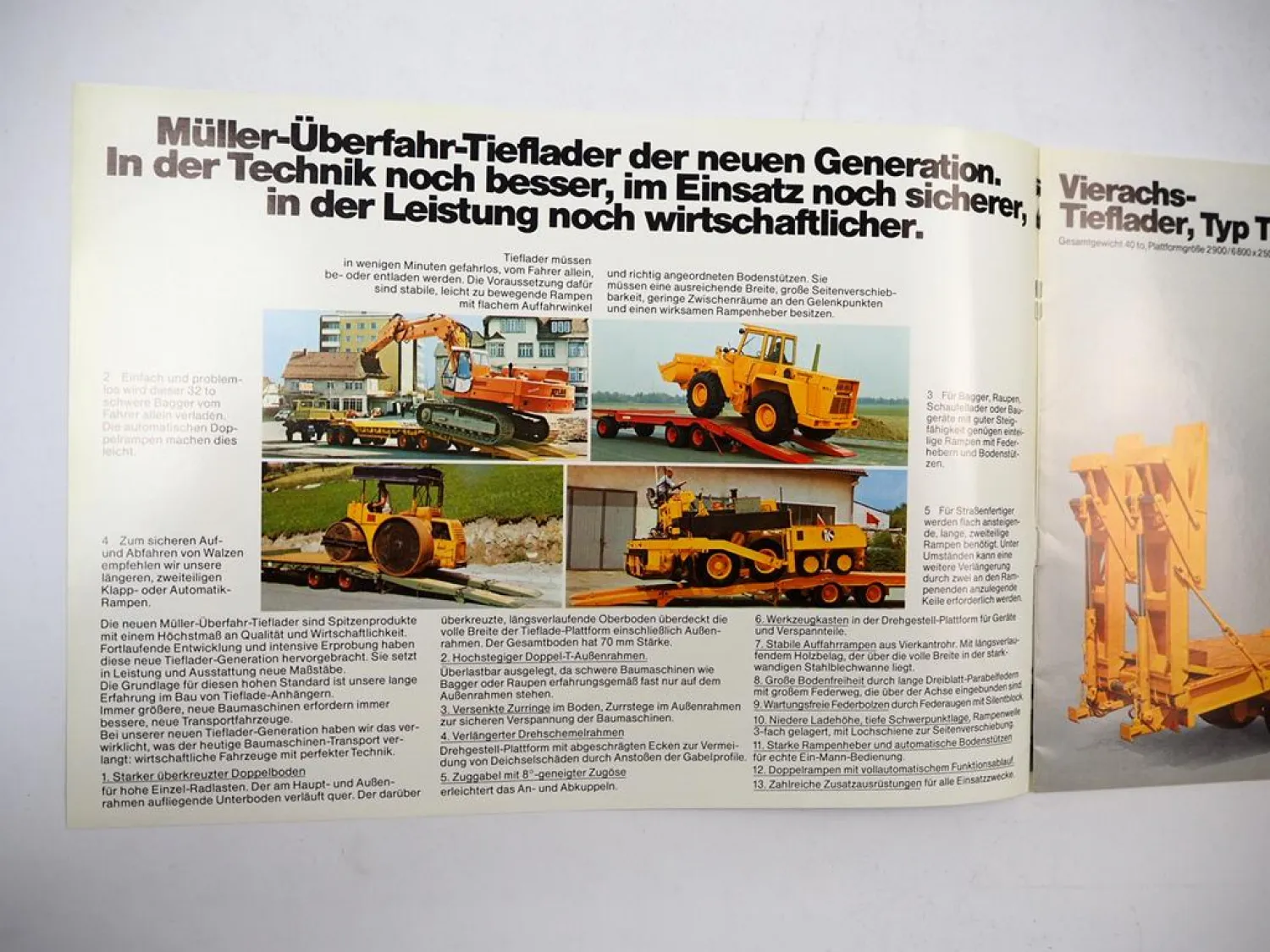 Müller Mitteltal T2 T3 T4 Anhänger Tieflader mit Bagger Prospekt ca. 1984