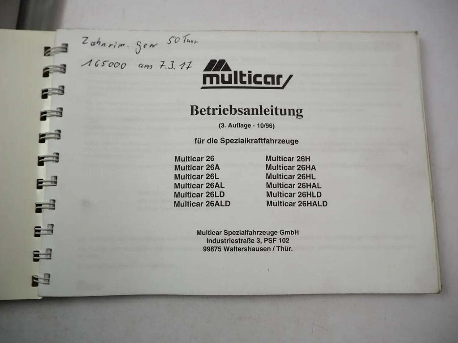 Multicar M26 + A/L/AL LD ALD - HALD Betriebsanleitung 1996 Bedienung & Wartung