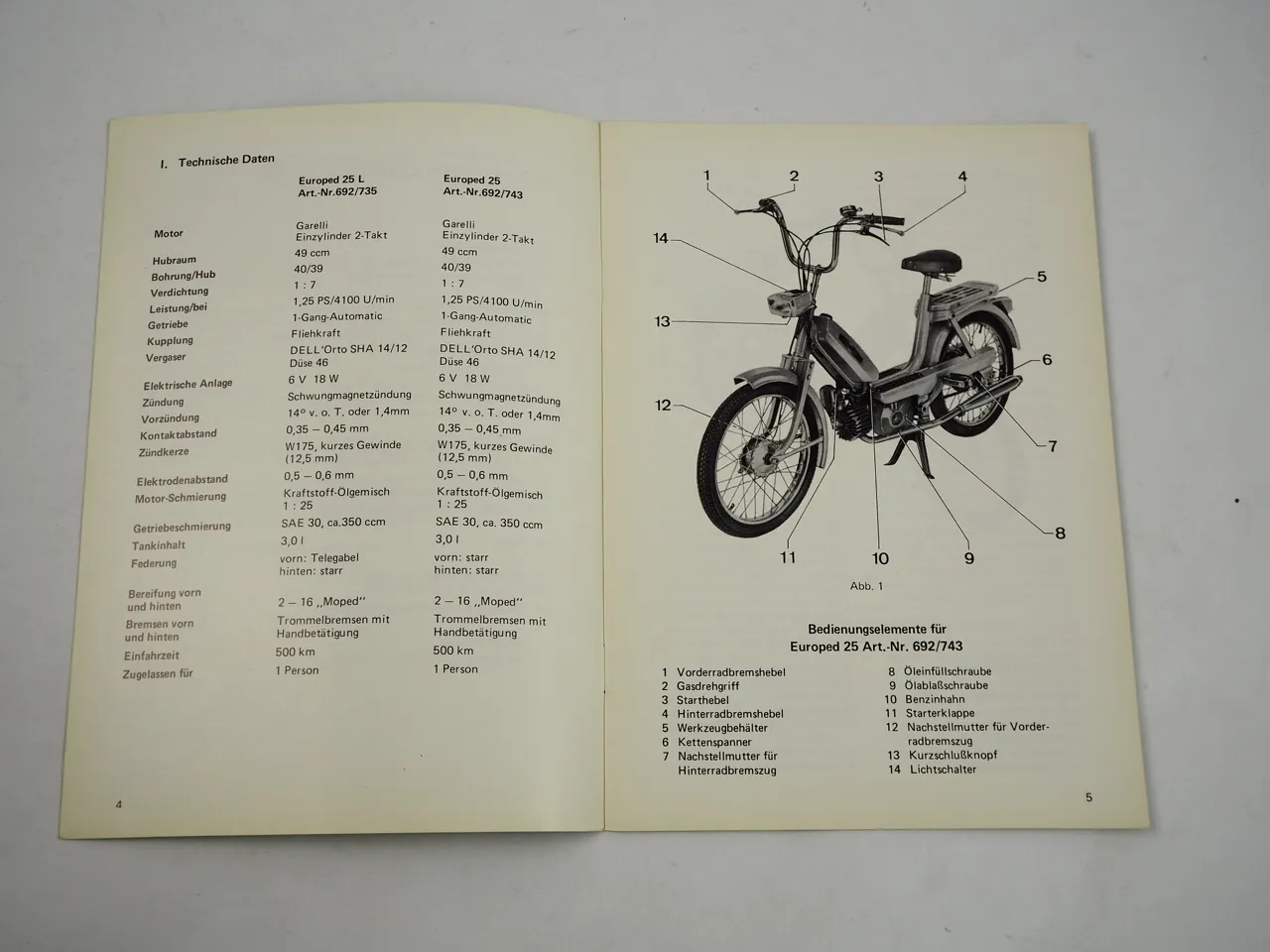 Neckermann Garelli Europed 25 / 25L Mofa Bedienungsanleitung 1974
