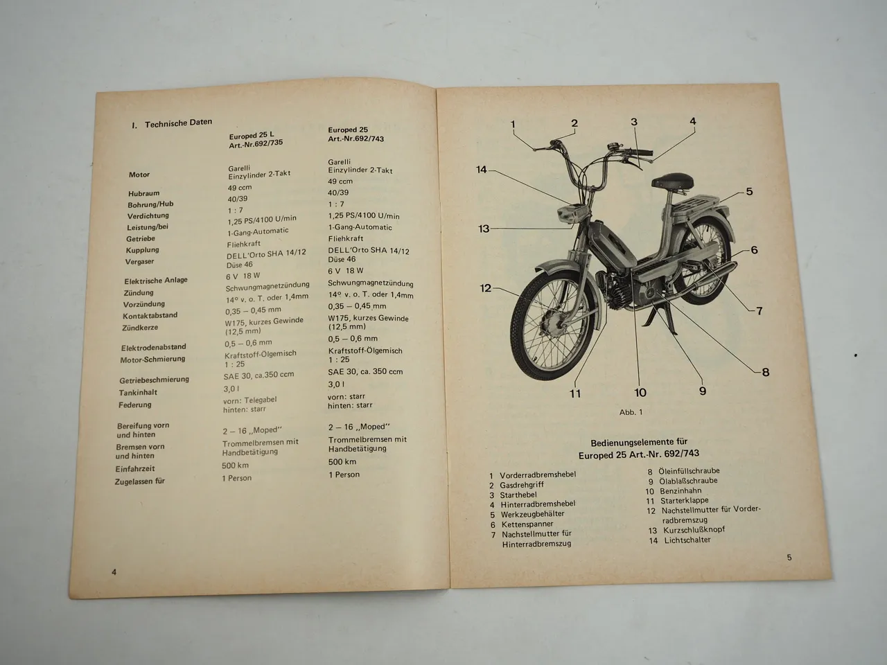 Neckermann Garelli Europed 25 / 25L Mofa Bedienungsanleitung 1975