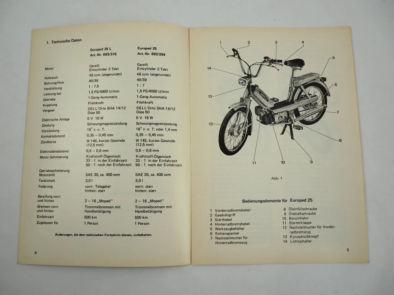 Neckermann Garelli Europed 25 / 25L Mofa Bedienungsanleitung 1976