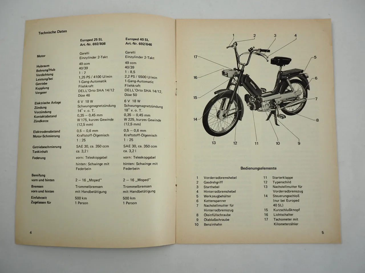 Neckermann Garelli Europed 25 / 40 SL Mofa Bedienungsanleitung 1975