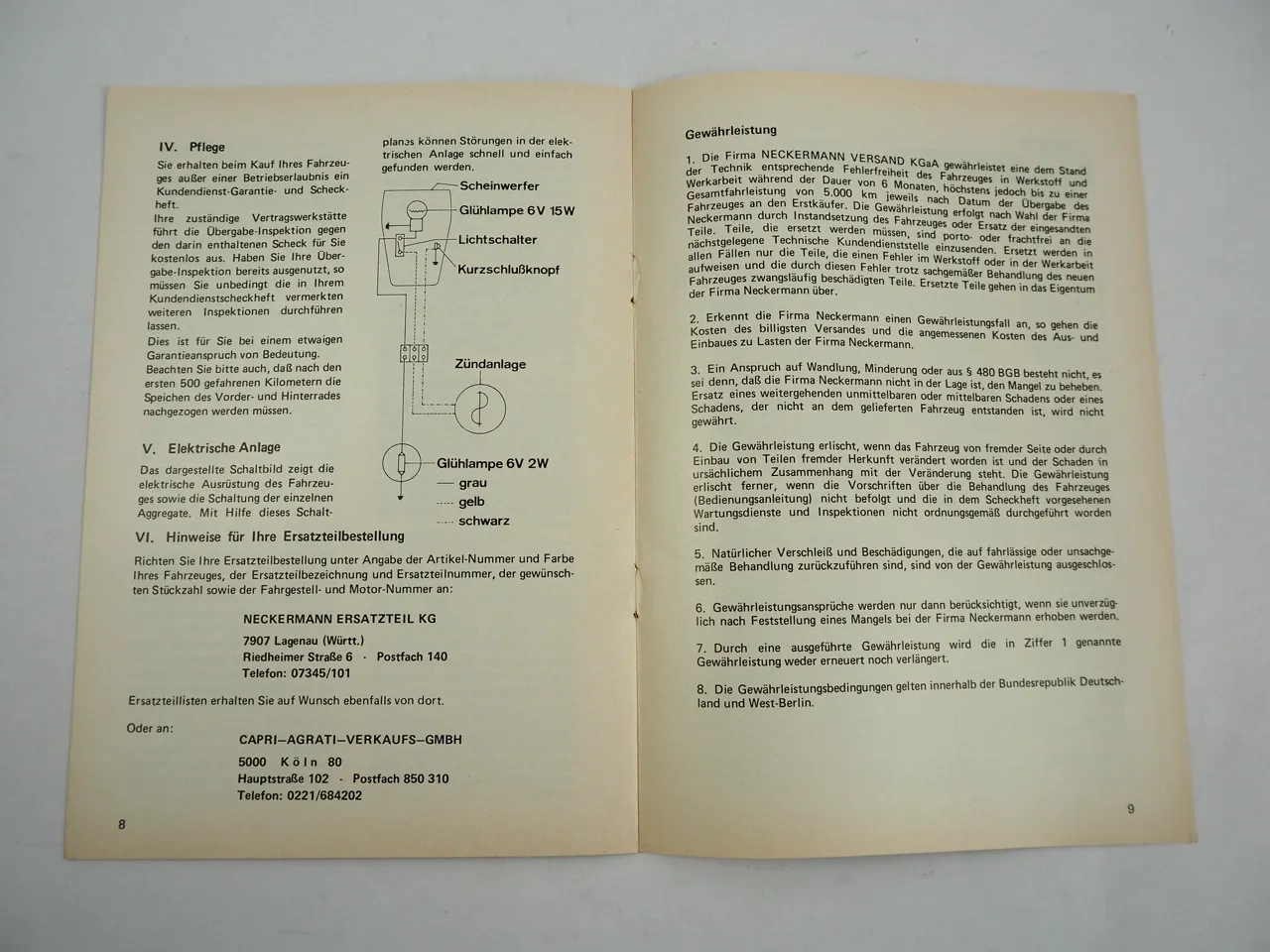 Neckermann Garelli Europed 25 SLC Mofa Bedienungsanleitung 1975