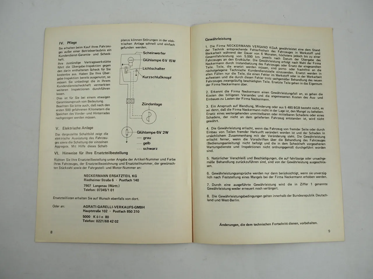 Neckermann Garelli Europed 25 SLC Mofa Bedienungsanleitung 1976