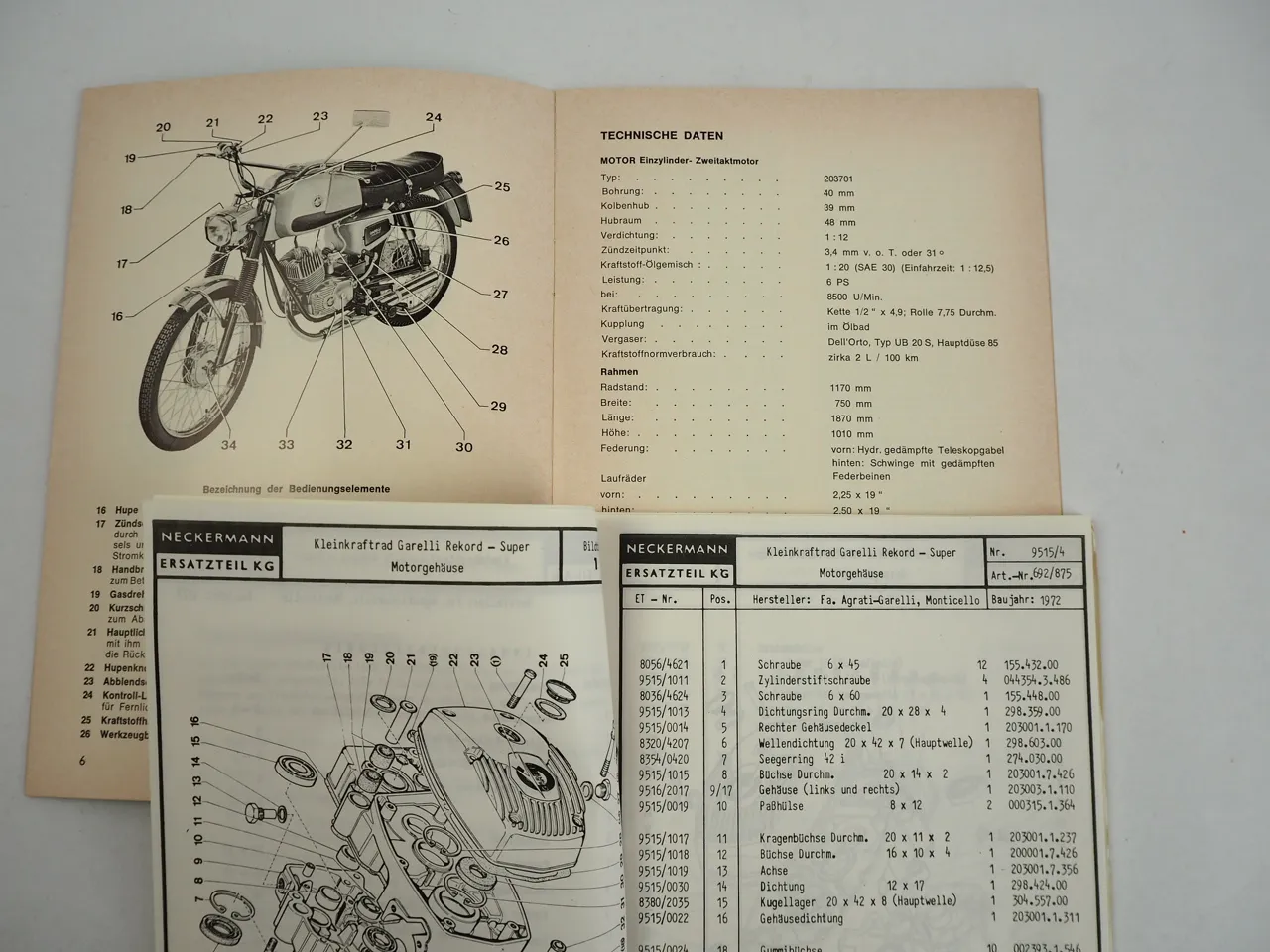 Neckermann Garelli Rekord Super Bedienungsanleitung Ersatzteilliste BJ 1972