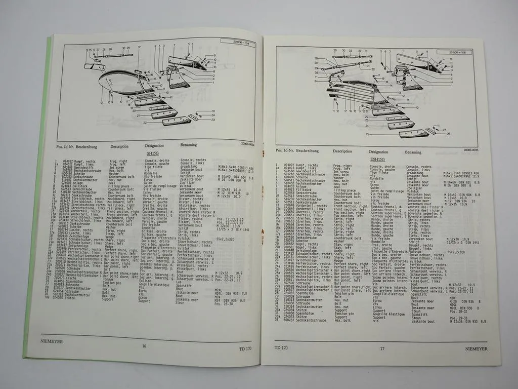 Niemeyer Delta 2-180 Mais Stein NL Volldrehpflug Ersatzteilliste 1987