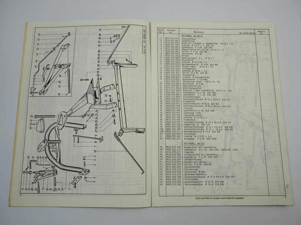 Niemeyer HR501 HR501-D Rotor Zettwender Betriebsanleitung Ersatzteilliste 1982