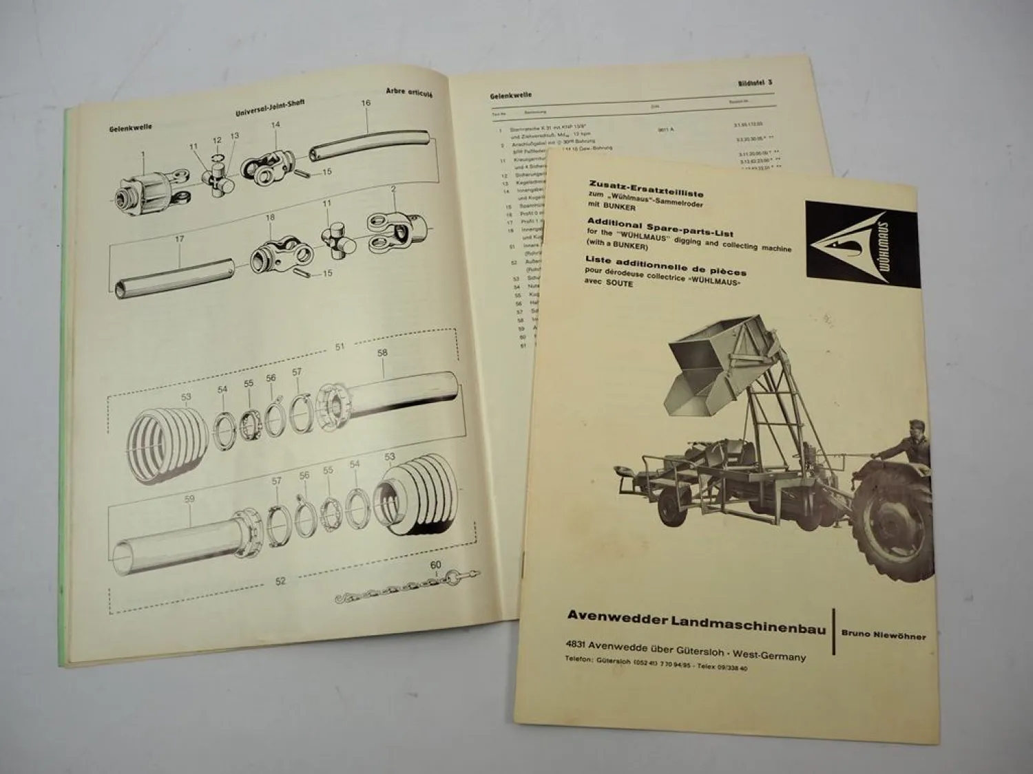 Niewöhner Wühlmaus Kartoffel Sammelroder Betriebsanleitung Ersatzteilliste ca. 1969