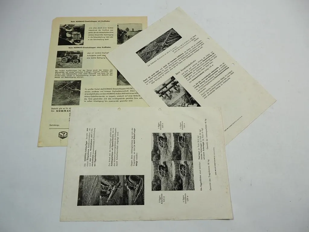 Normag NG 23K Schlepper Kultivator Anbau Egge Mähwerk 1.5m 3x Prospekt ca 1949