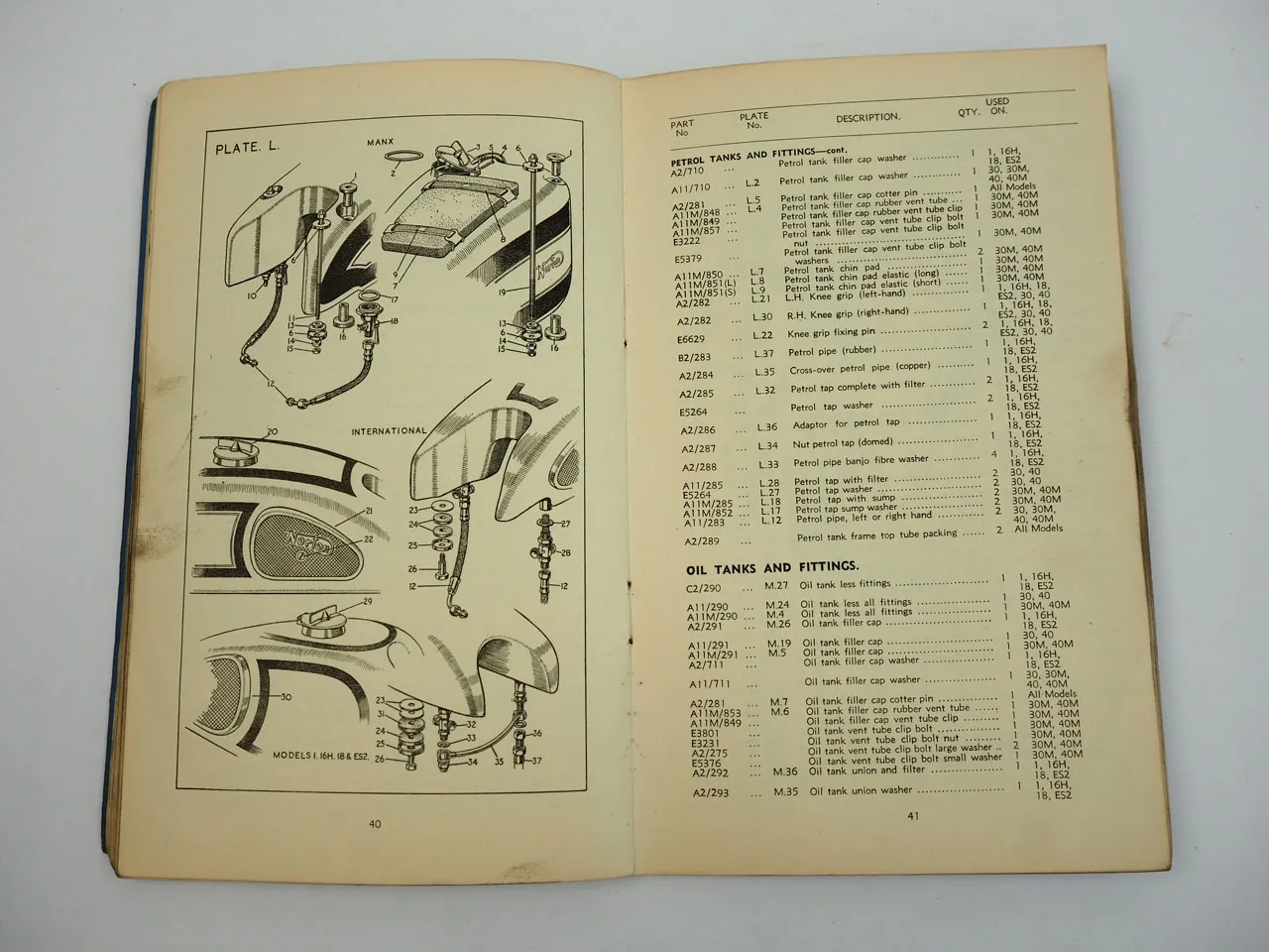 Norton Model 1 16H 18 ES2 30 40 30M 40M Motorcycles Spare Parts List 1949