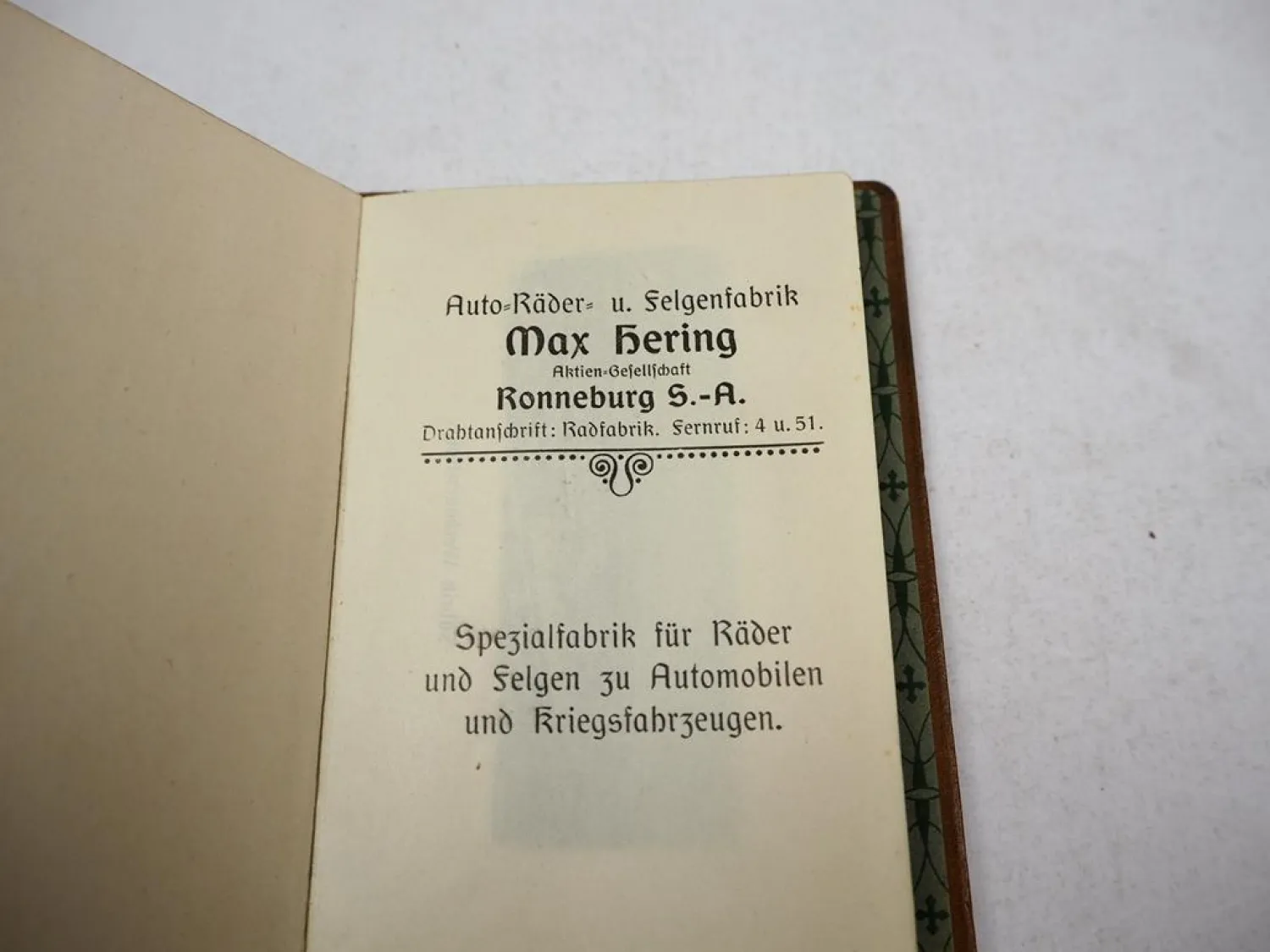 Notizbuch Werbung Hering Ronneburg Sachsen Räder f. Auto & Militärfahrzeuge 1915