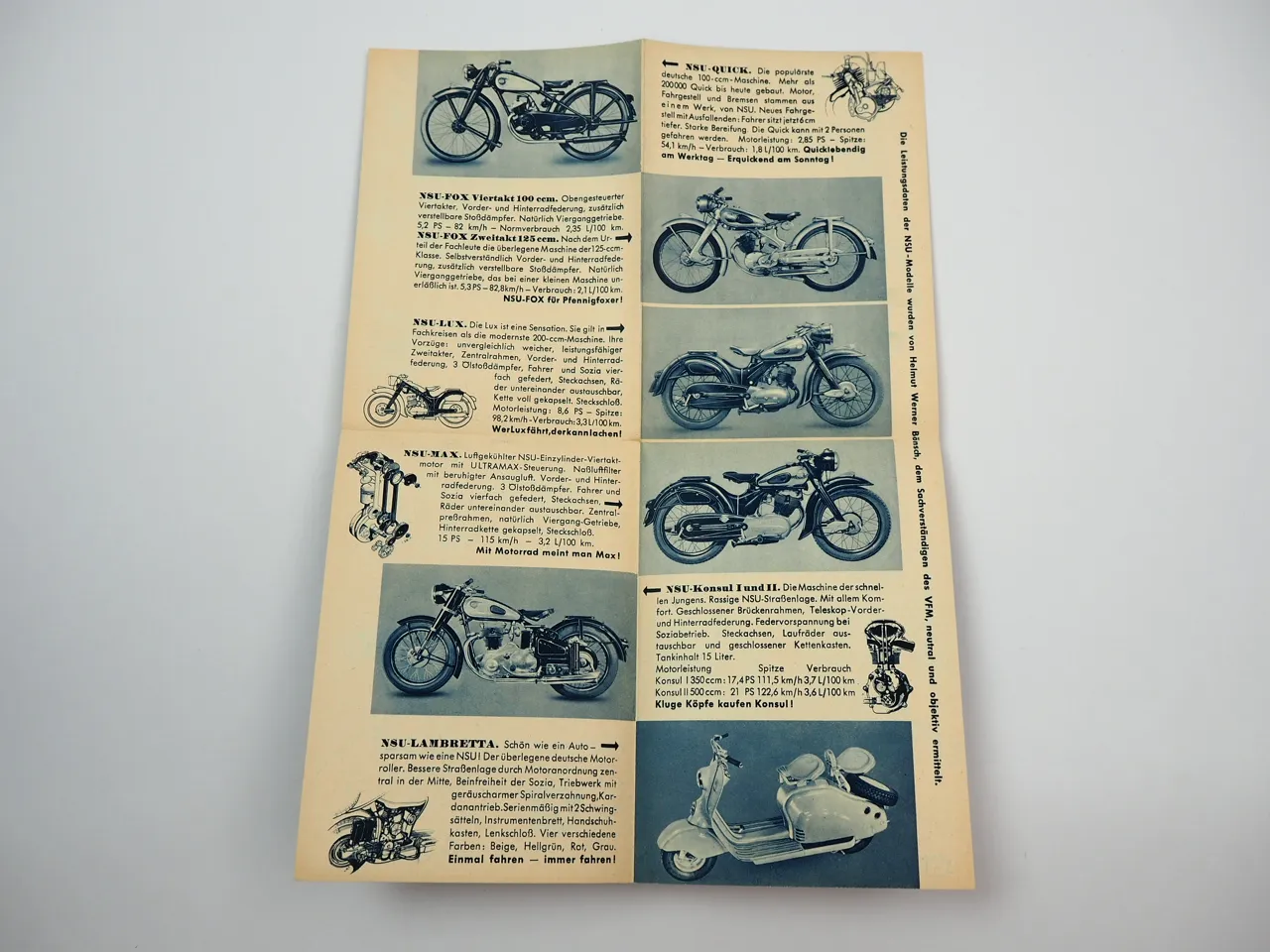NSU Fox Max Lambretta Quick Konsul Motorrad Fahrrad Prospekt 1950er Jahre