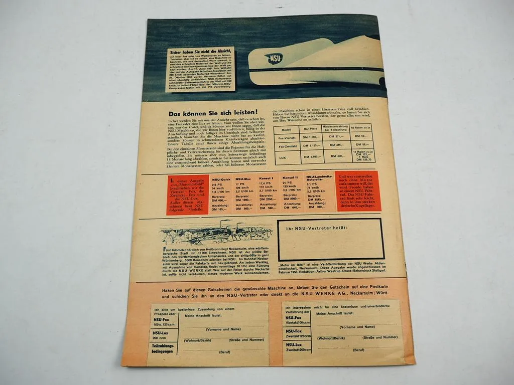 NSU Motor im Bild Werkszeitung Zeitschrift Fox Lux Motorrad 1953