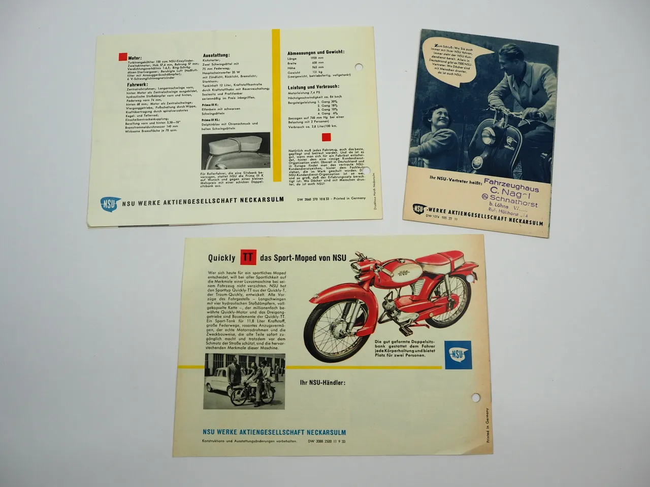 NSU Prima Quickly Fox Max Lambretta Konsul Motorrad 3x Prospekt 1950er Jahre