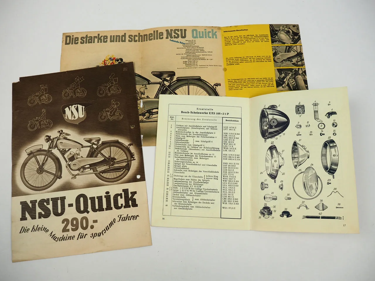 NSU Quick Motorrad 2x Prospekt Bosch Ausrüstung 1930er Jahre