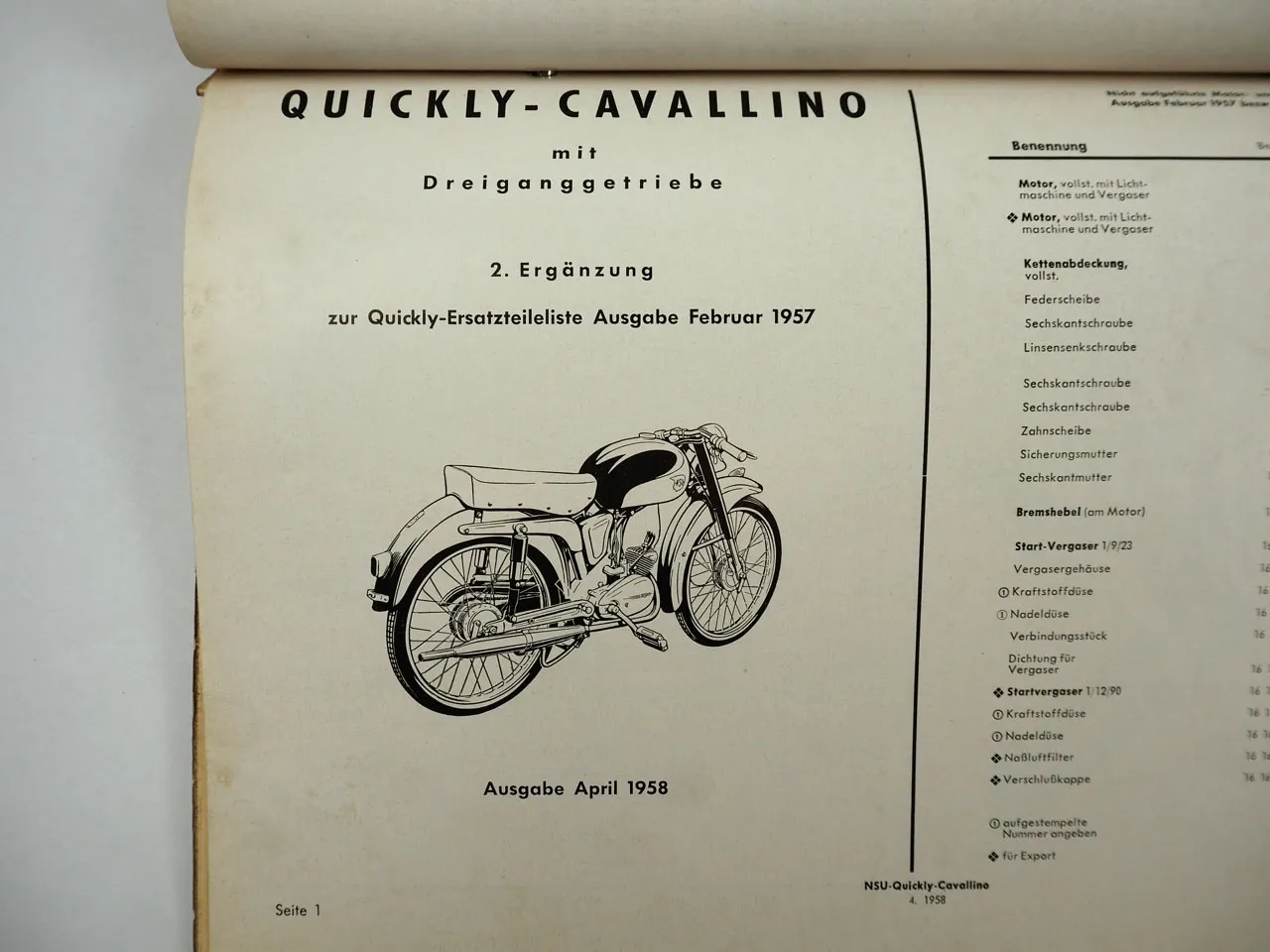NSU Quickly Moped Ersatzteilliste mit Ergänzung Cavallino 1954/58