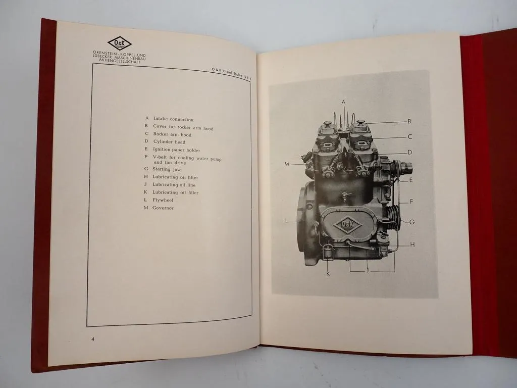 O&K 16V4 Four Cylinder Diesel Engine Working Instructions Spare Parts List 1952
