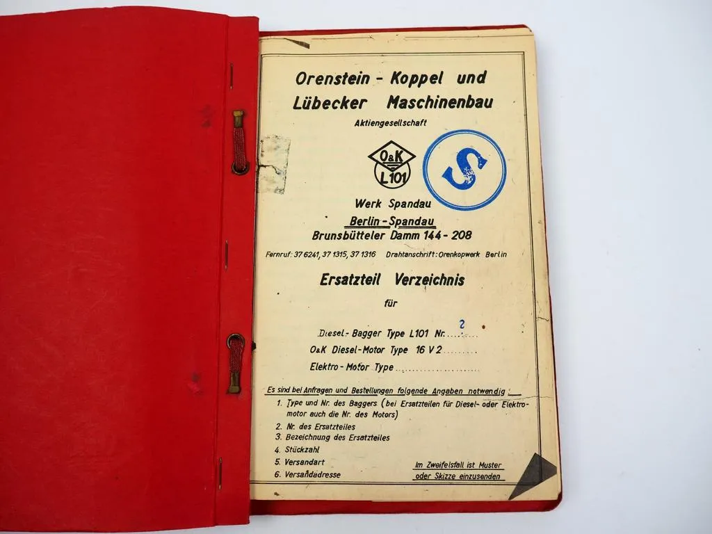 O&K L101 Bagger Ersatzteilliste Ersatzteilkatalog 1950er Jahre