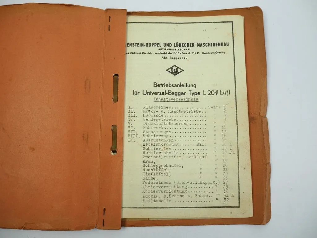 O&K L201 Luft Diesel Raupenbagger Betriebsanleitung 1950er Jahre