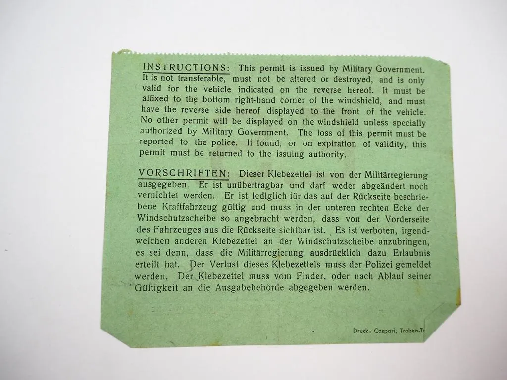 Official Allied Military Covernment of Germany KFZ Koblenz Militärregierung 1945