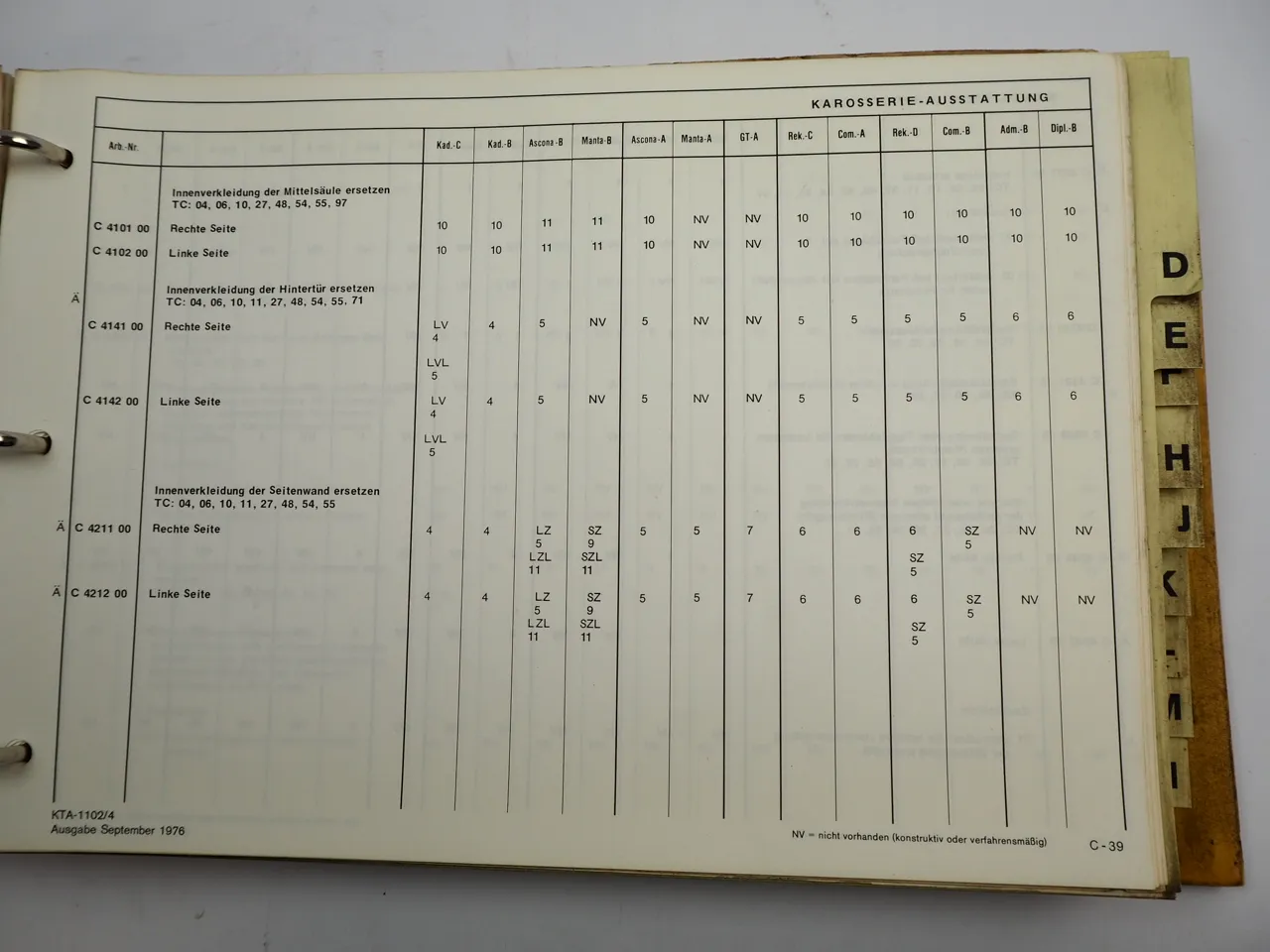 Opel Arbeitskatalog für PKW & Referenzliste Richtzeiten Werkstatthandbuch 1976