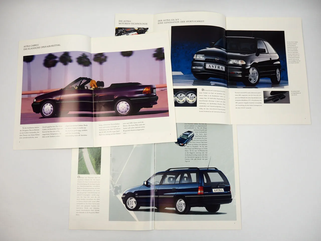 Opel Astra GSi Cabrio Caravan Club CD 3x Prospekt mit technischen Daten 1993
