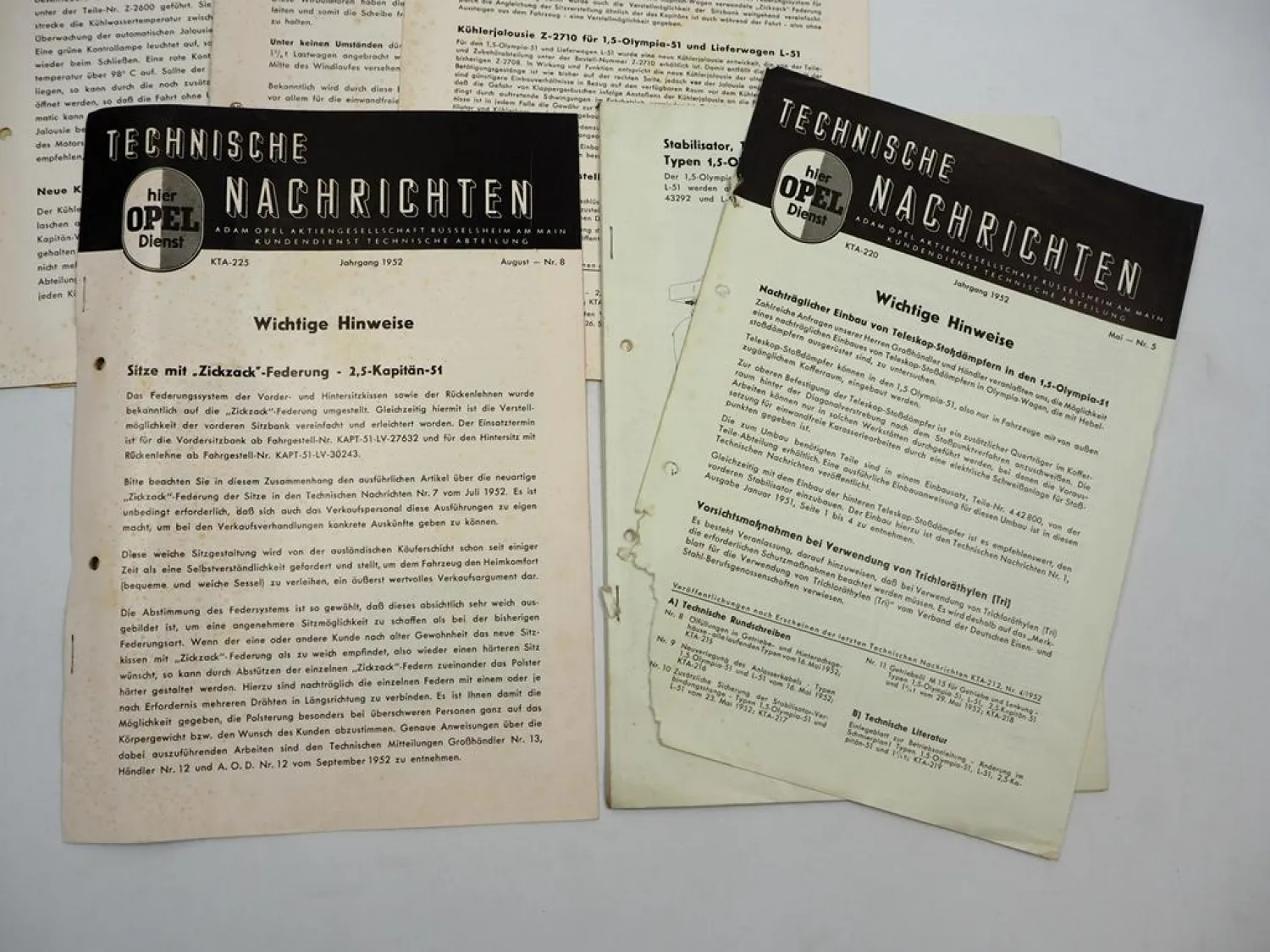 Opel Dienst Technische Nachrichten 1952/53 Kapitän Olympia 51 Blitz 1,75t 330-52