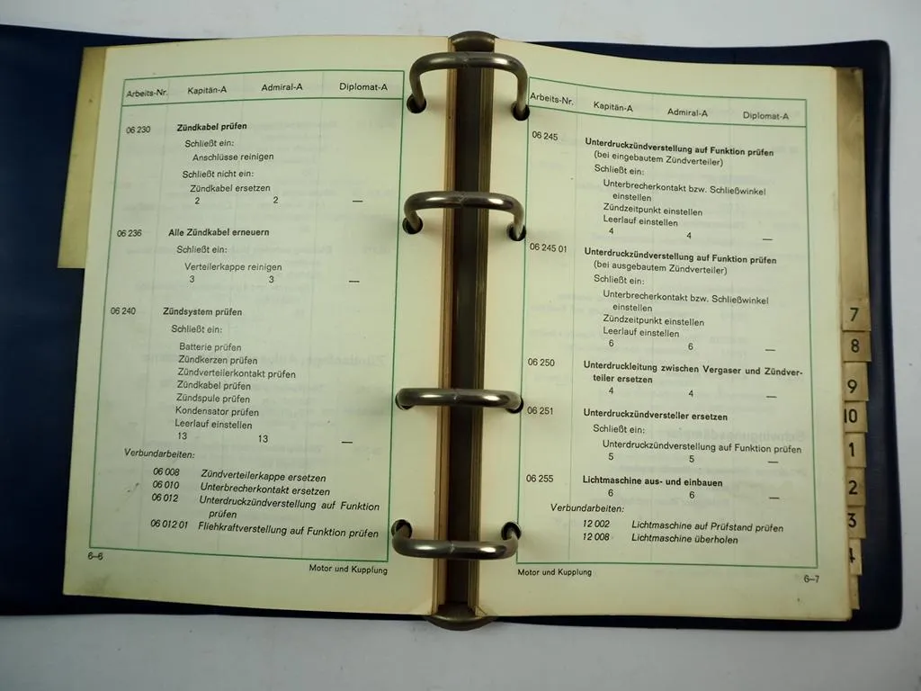 Opel Kapitän A Admiral A Diplomat A Arbeitskatalog Richtzeiten 1965/71 Werkstatthandbuch